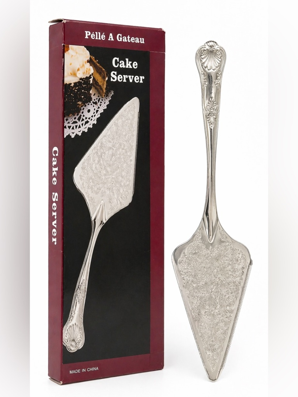 Vintage Style Cake Server Silver Tone Engraved Dessert Server w/ Box